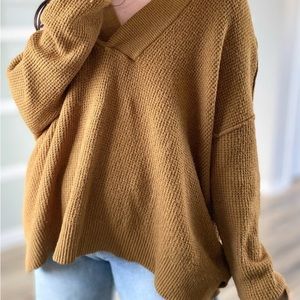 Aerie Mustard Waffle Hooded Sweater Oversized Fit / Size XS